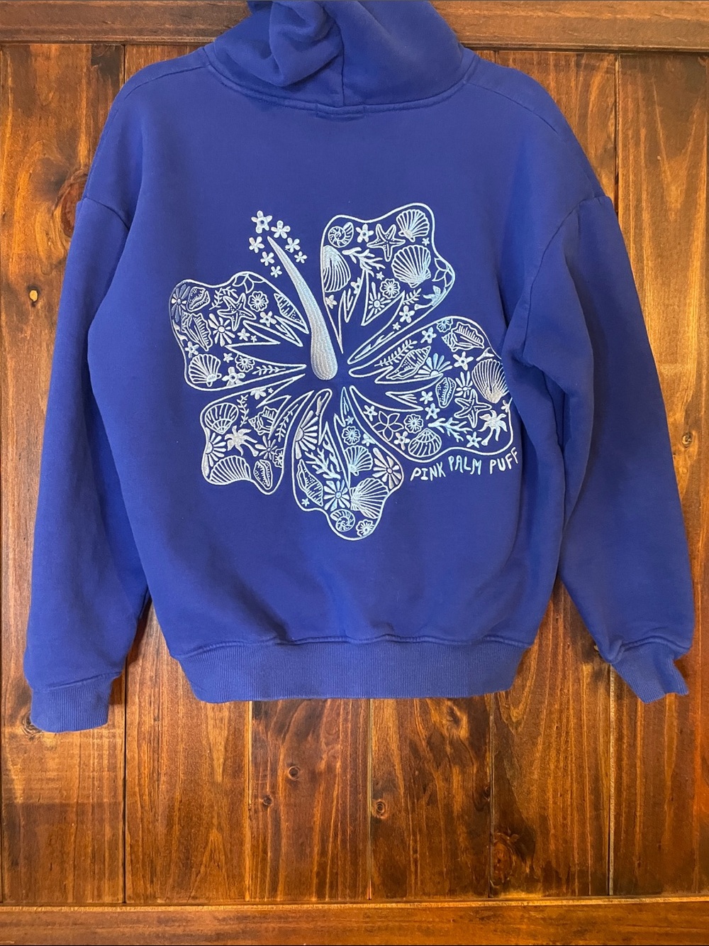 Royal Blue Pink Palm Puff Embroidered Pullover Hoodie SzS - Picture 3 of 9